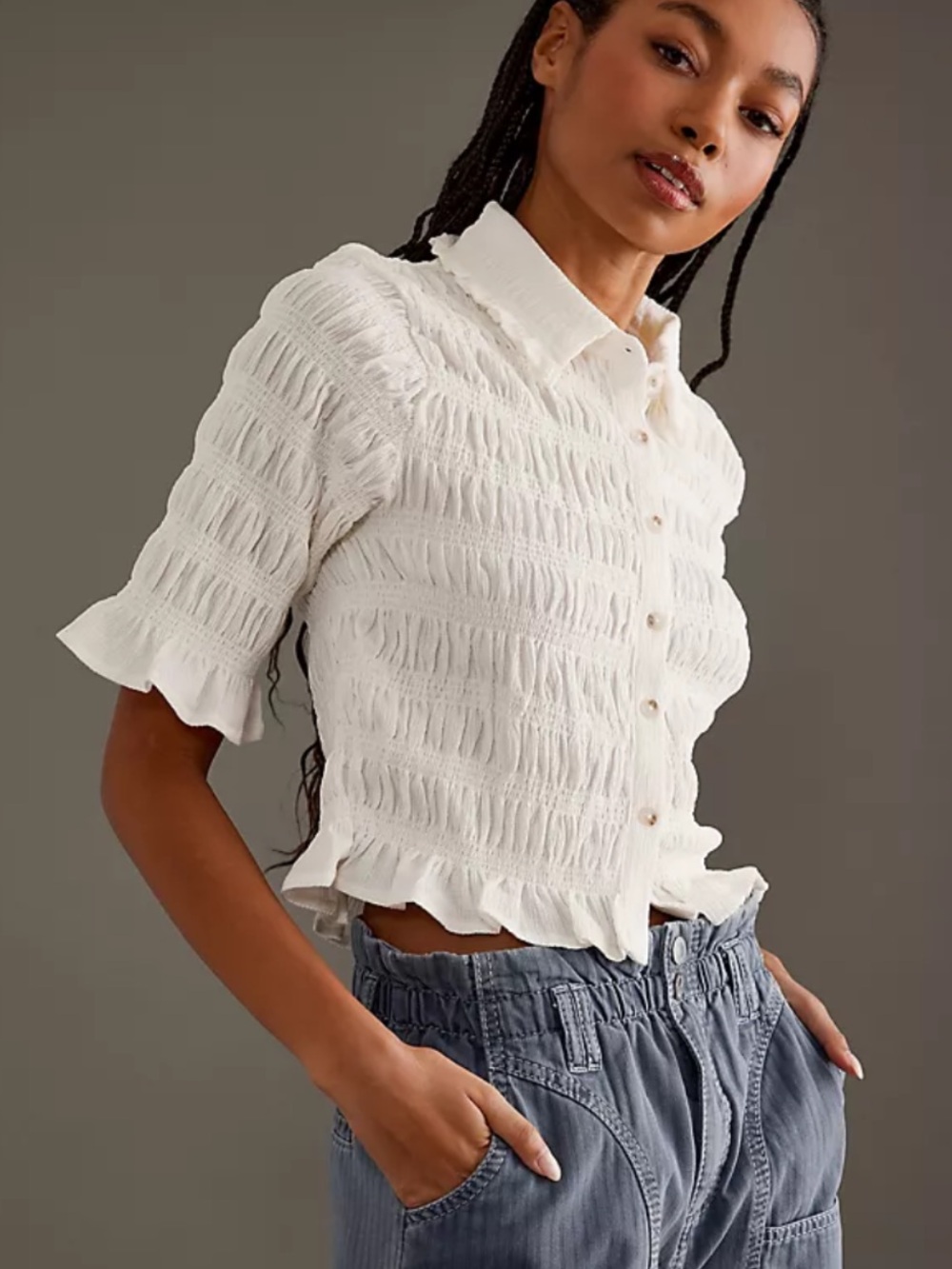 BOGO! Anthropologie Maeve Smocked Button Front Top White Size XS